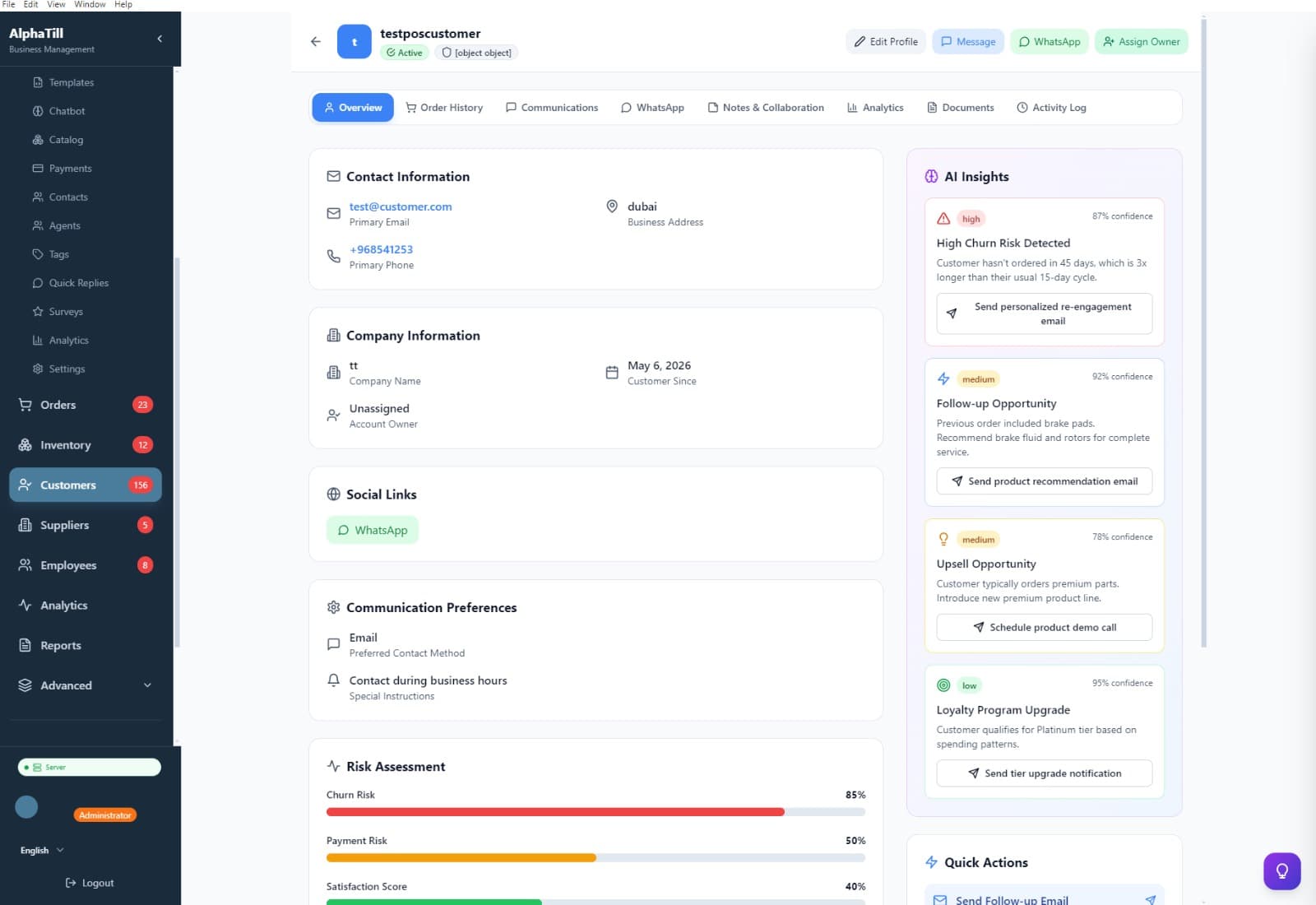 AlphaTill customer profile and AI insights screenshot