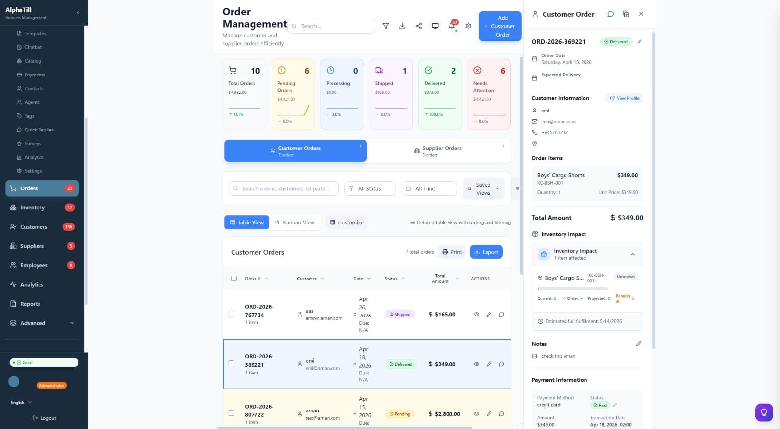 AlphaTill order management screenshot